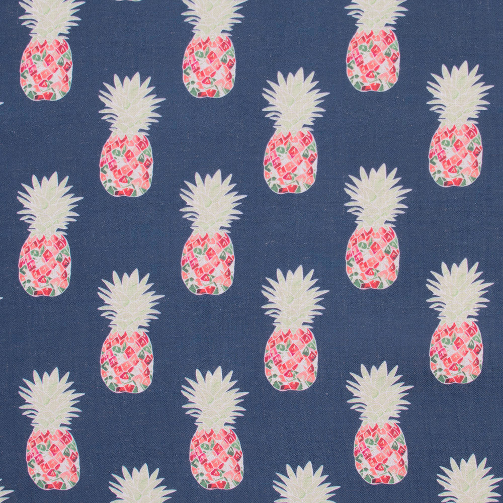 Happy Pineapple Navy by Carole Fabric Bluebird 95% Polyester, 5% Linen China Passes 50,000 Double Rubs Wyzenbeek Horizontal: 8.75 and Vertical: 10.5 58 - Fabric Carolina -