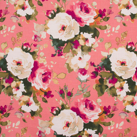 Pleased As Punch Coral by Carole Fabric Azalea 75% Cotton, 25% Linen -Soil Repellent Pakistan Passes 20,000 Double Rubs Wyzenbeek Horizontal: 27" and Vertical: 25 1/4" V 54" - Fabric Carolina -