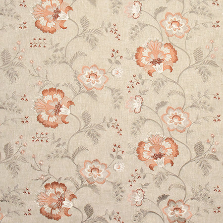 Beside Me Coral by Carole Fabric Wallflower Base: 77% Polyester, 23% Cotton. Embr: 100% Rayon INDIA 6,000 Wyzenbeek Double Rubs 12 3/8" V, 26" H 51.75"  - Fabric Carolina -