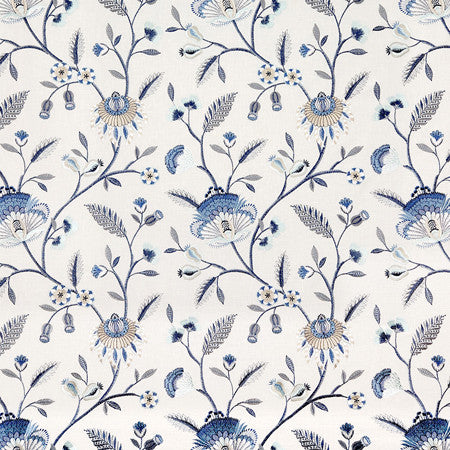 Garden To Love Dream Blue by Carole Fabric Blue Crush Base: 52% Recycled Polyester, 48% Cotton Embr: 40% Recycled Polyester, 37% Cotton, 23% Viscose India  18 1/2" V, 17" H 51""  - Fabric Carolina -