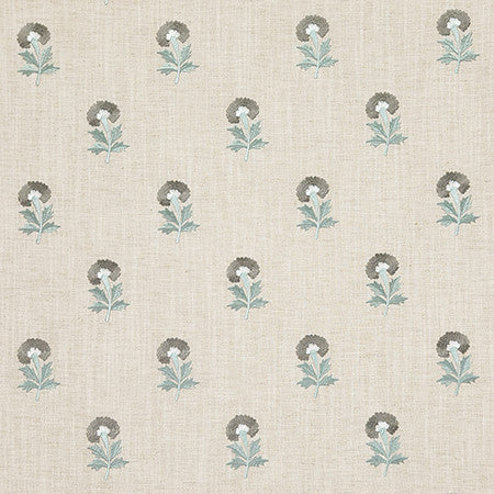 Basket Flower Shoreline by Carole Designer Fabric Dewdrop Base: 82% Polyester, 11% Cotton, 7% Linen, Embr: 100% Rayon India 6 1/4" V, 2 5/8" H HD 53" - Swanky Fabrics -