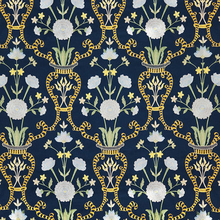 Delicate Heart Navy by Carole Designer Fabric Blue Crush Base: 100% Cotton Embr:71% Cotton, 21% Viscose,8% Polyester India 30 1/4" V, 9" H HD 50"" - Swanky Fabrics -