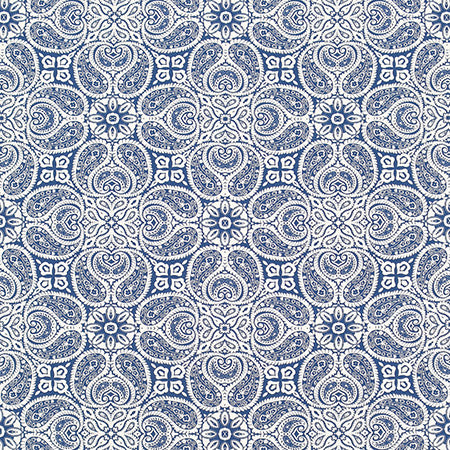 Paisley Connections Navy by Carole Fabric Bluebell 100% Cotton-Soil Repellent Pakistan 50,000 Wyzenbeek Double Rubs 12 1/2" V, 13 1/2" H HD 56.5"  - Fabric Carolina -