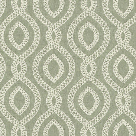 Historic District Aloe by Carole Designer Fabric Serene Green Base: 68% Polyester, 21% Linen, 11% Cotton Embr: 100% Polyester 51,000 Wyzenbeek Double Rubs 6 1/4" V, 3 1/4" H HD 54" - Swanky Fabrics -