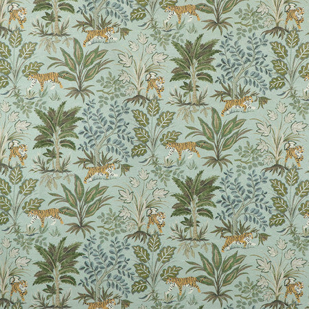 Tiger Hunt Seaspray by Carole Fabric Misty Glen 55% Linen, 45% Cotton Spain  13 1/2" V, 13 1/2" H HD 54""  - Fabric Carolina -