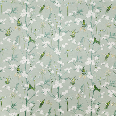 Hummingbird Gathering Jade by Carole Fabric Misty Glen Base: 69% Cotton, 31% Polyester Embr: 100% Rayon India  18 1/2" V, 25" H 50""  - Fabric Carolina -