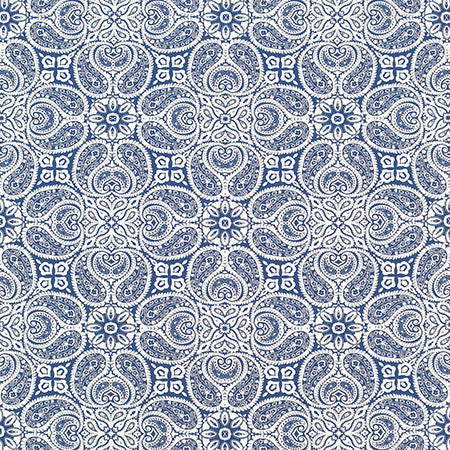 Paisley Connections Navy by Carole Designer Fabric Bluebell 100% Cotton-Soil Repellent Pakistan 50,000 Wyzenbeek Double Rubs 12 1/2" V, 13 1/2" H HD 56.5" - Swanky Fabrics -