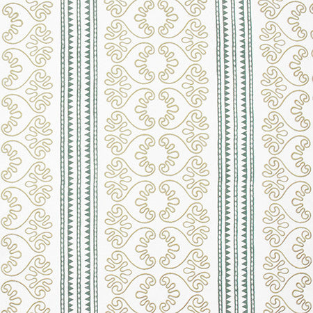 Garden Paths Teal by Carole Fabric Artisan Base: 50% Poly, 50% Cotton. Embr: 60% Poly, 40% Cotton INDIA N/A 3 3/4" V, 13 1/2" H 53.75"  - Fabric Carolina -
