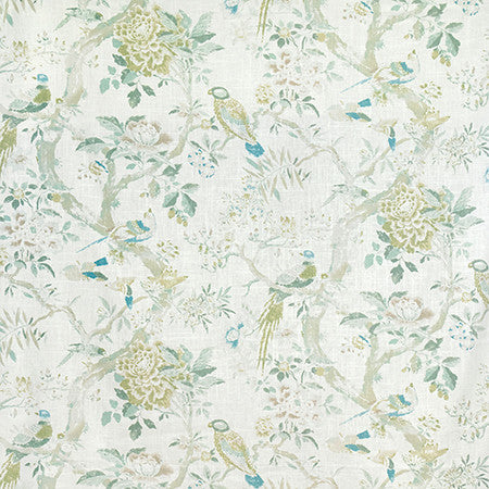 Charming Bird Lagoon by Carole Fabric English Garden 55% Linen, 45% Rayon 50,000 Wyzenbeek Double Rubs 35" V, 28" H HD 54" - Fabric Carolina -