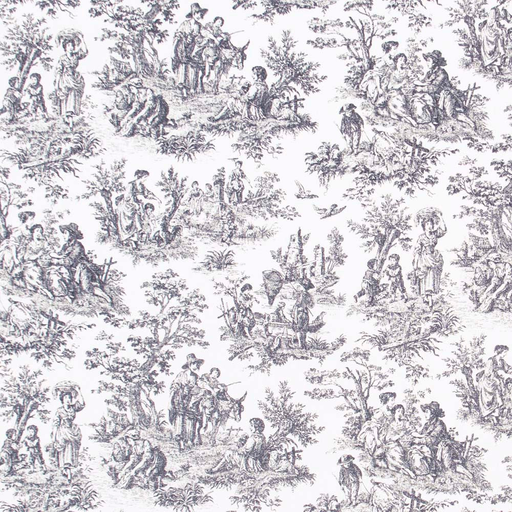 Country Toile Noir by Carole Fabric Ash Oak 100% Cotton Printed & Finished In USA 51,000 Wyzenbeek Double Rubs Horizontal: 13.5 and Vertical: 13.5 54 - Fabric Carolina -