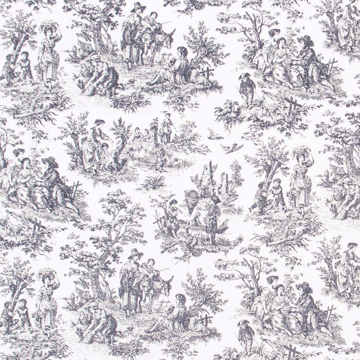 Country Toile Noir by Carole Fabric Ash Oak 100% Cotton Printed & Finished In USA 51,000 Wyzenbeek Double Rubs Horizontal: 13.5 and Vertical: 13.5 54 - Fabric Carolina -