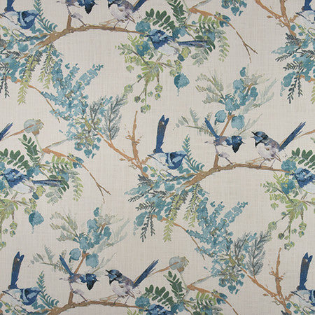 Round Robin Mediterranean Blue by Carole Fabric Muse 100% Cotton India 30,000 Wyzenbeek Double Rubs 25 3/4" V, 27 1/4" H HD 55.25"  - Fabric Carolina -