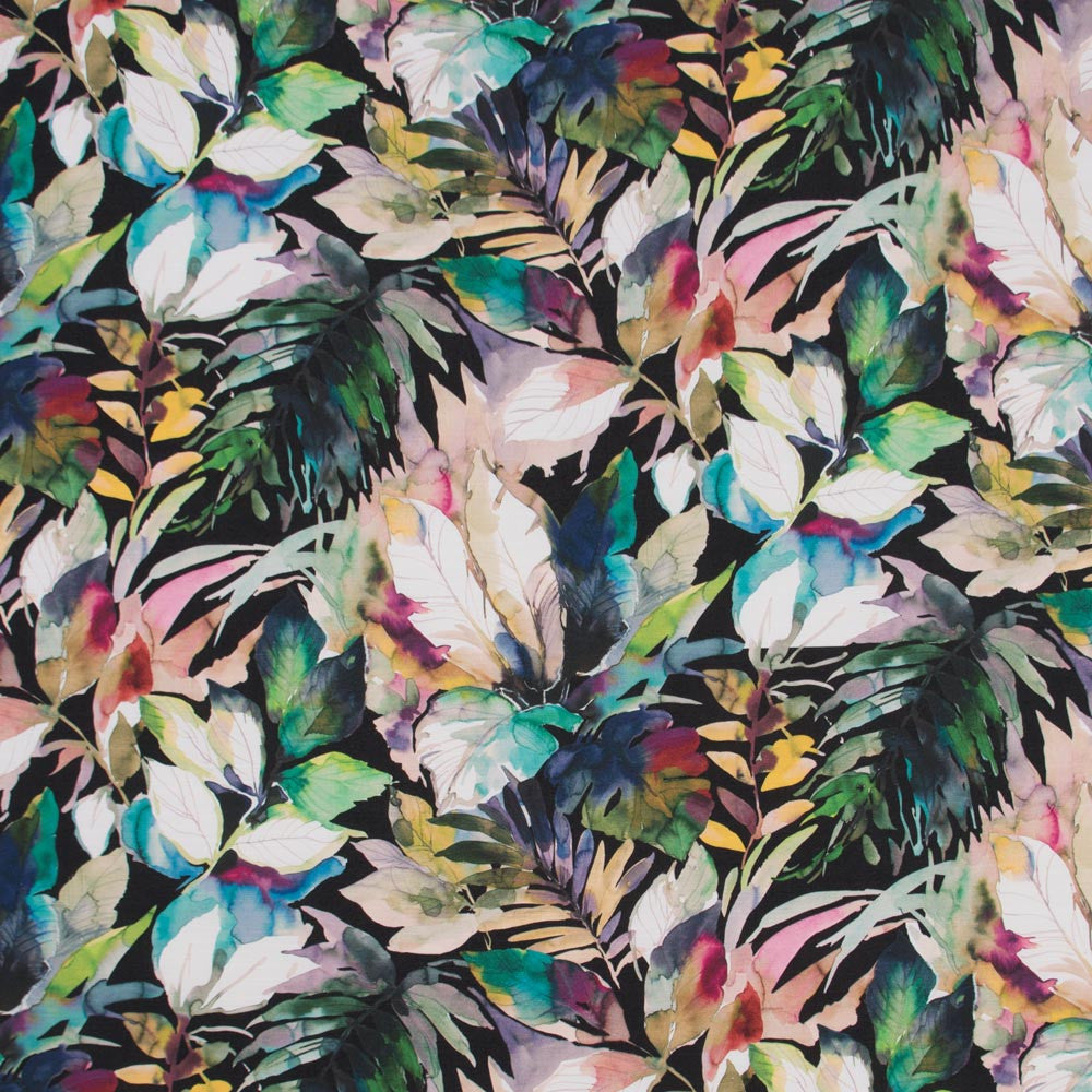 Tropic Paradise Noir by Carole Fabric Onyx & Ivory 100% Polyester Spain Passes 35,000 Circular Rubs Martindale Horizontal: 20875 and Vertical: 1775 53 - Fabric Carolina -