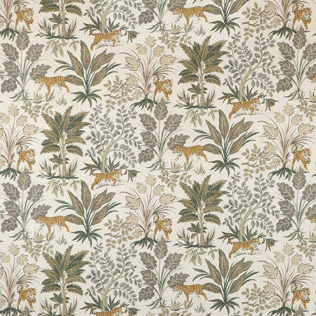 Tiger Hunt Ecru by Carole Designer Fabric Misty Glen 55% Linen, 45% Cotton Spain 13 1/2" V, 13 1/2" H HD 54"" - Swanky Fabrics -