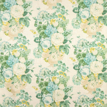 Brilliant Blooms Jade by Carole Fabric Serene Green 55% Linen, 45% Viscose 36,000 Wyzenbeek Double Rubs 19 3/4" V, 13 1/2" H HD 54" - Fabric Carolina -