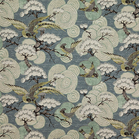 Bird Landing Teal by Carole Fabric Evergreen 100% Cotton India 51,000 WYZENBEEK DOUBLE RUBS 18" V, 27" H HD 54"  - Fabric Carolina -