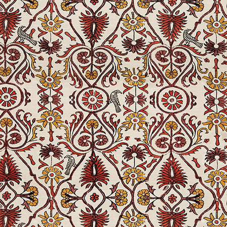 Bird Gathering Cinnabar by Carole Fabric Dawn & Dusk 75% Cotton, 25% Linen Pakistan  32" V, 27" H 54"  - Fabric Carolina -