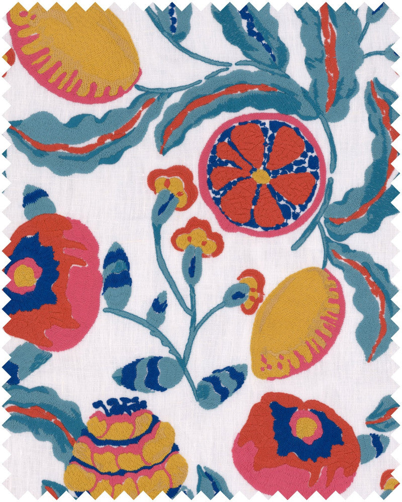 FIORI DI LIMONE Embroidered Fabric (FB00146) by Mind The Gap | FB00146 | LA DOLCE VITA | Fucsia, Red, Turquoise, White, Yellow | Fabric Carolina | https://www.fabriccarolina.com/