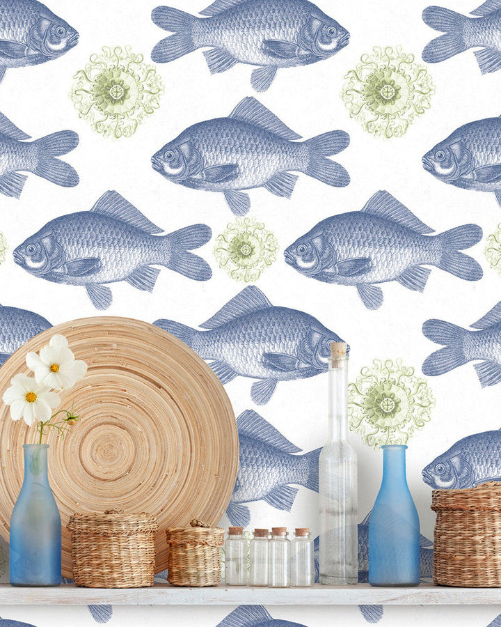 Fish Blue Wallpaper by Mind the Gap Designer Wallpaper WALLPAPER DESIGNER COLLECTION Non-woven Made in Europe Paste the wall 3 rolls x 20.5 x 3.25 yards - Swanky Fabrics -