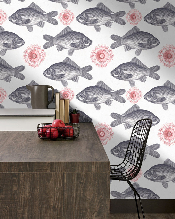 FISH Neutral Premium Wallpaper (WP20008) by Mind The Gap | WP20008 | WALLPAPER DESIGNER COLLECTION | 3 rolls x 20.5 x 118.1 in | 0.52m / 20.5in | 3m / 118in | 4.65mp | 60cm / 23.6in | Grey, Red | Non-woven | Paste the wall | 3-rolls in a box | Fabric Carolina | https://www.fabriccarolina.com/