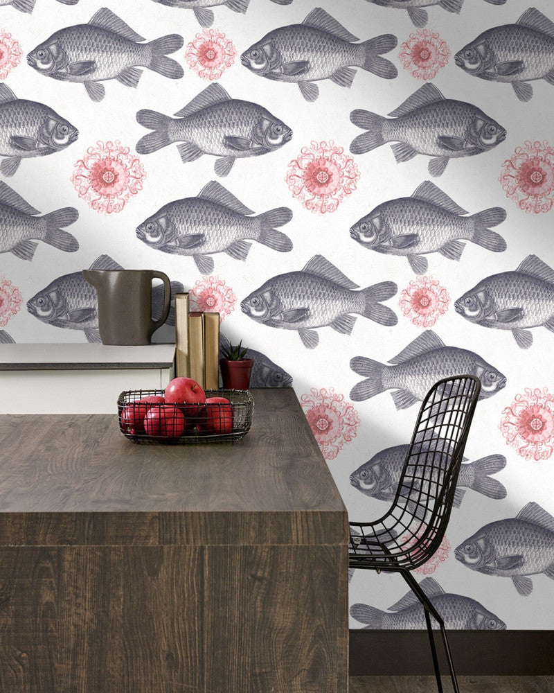 FISH Neutral Premium Wallpaper (WP20008) by Mind The Gap | WP20008 | WALLPAPER DESIGNER COLLECTION | 3 rolls x 20.5 x 118.1 in | 0.52m / 20.5in | 3m / 118in | 4.65mp | 60cm / 23.6in | Grey, Red | Non-woven | Paste the wall | 3-rolls in a box | Fabric Carolina | https://www.fabriccarolina.com/