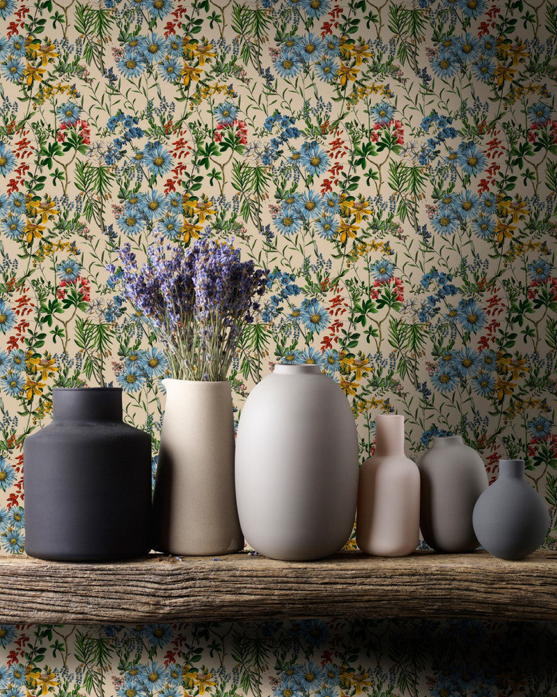 SUMMERISH Taupe Wallpaper (WP20308) by Mind The Gap | WP20308 | THE WALLPAPER COLLECTABLES | 3 rolls x 20.5 x 118.1 in | 0.52m / 20.5in | 3m / 118in | 4.65mp | 52cm / 20.5in | Blue, Green, Taupe, Yellow | Textured Matte | Paste the wall | 3-rolls in a box | Fabric Carolina | https://www.fabriccarolina.com/