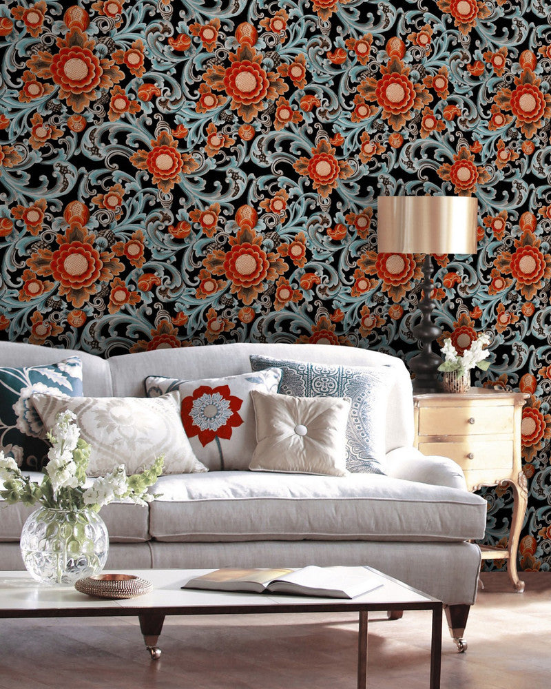 FLORAL PAINTING Dark (WP20252) by Mind The Gap | WP20252 | PREMIUM DESIGNER WALLPAPER COLLECTION | 3 rolls x 20.5 x 118.1 in | 0.52m / 20.5in | 3m / 118in | 4.65mp | 60cm / 23.6in | Black, Blue, Red | Non-woven | Paste the wall | 3-rolls in a box | Fabric Carolina | https://www.fabriccarolina.com/