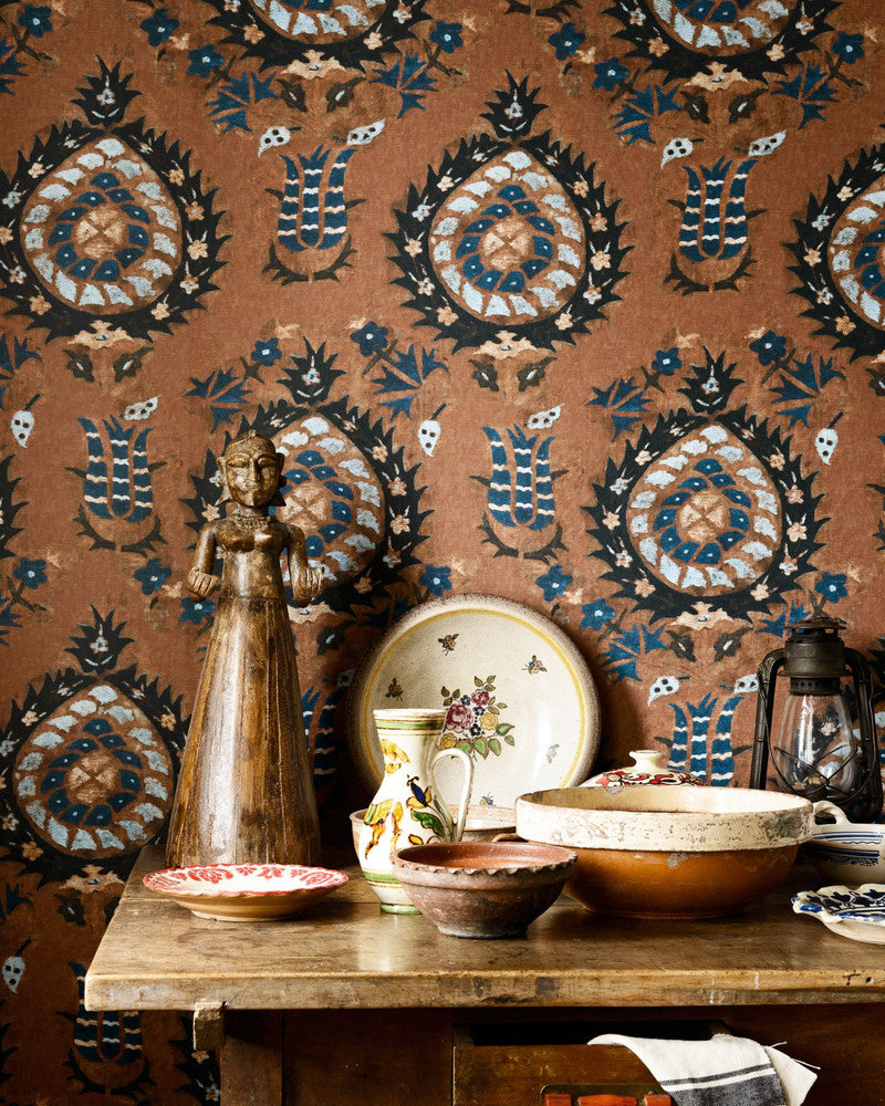 FLOURISH Sienna Wallpaper (WP20544) by Mind The Gap | WP20544 | TRANSYLVANIAN ROOTS | 3 rolls x 20.5 x 118.1 in | 0.52m / 20.5in | 3m / 118in | 4.65mp | 70cm / 27.6in | Black, Blue, Brown, Sienna | Textured Matte | Paste the wall | 3-rolls in a box | Fabric Carolina | https://www.fabriccarolina.com/
