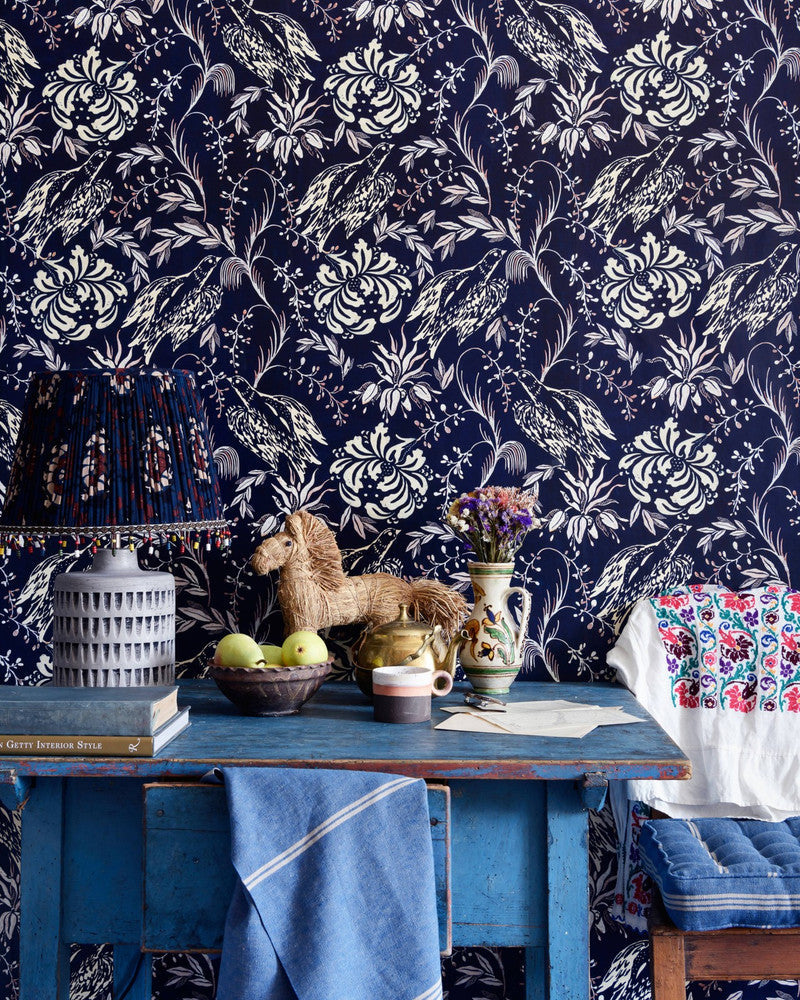 Folk Embroidery Indigo Wallpaper by Mind the Gap Designer Wallpaper TRANSYLVANIAN ROOTS Satin Matte Made in Europe Paste the wall 1 roll x 20.5 x 10.9 yards - Swanky Fabrics -