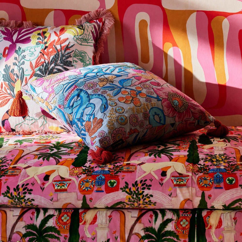 Giardino Segreto Embroidered Cushion by Mind the Gap Designer Pillow LA DOLCE VITA 77% Linen, 23% Cotton Made in Romania Embroidered fabric and tasseled corners 20 x 20 in - Swanky Fabrics -