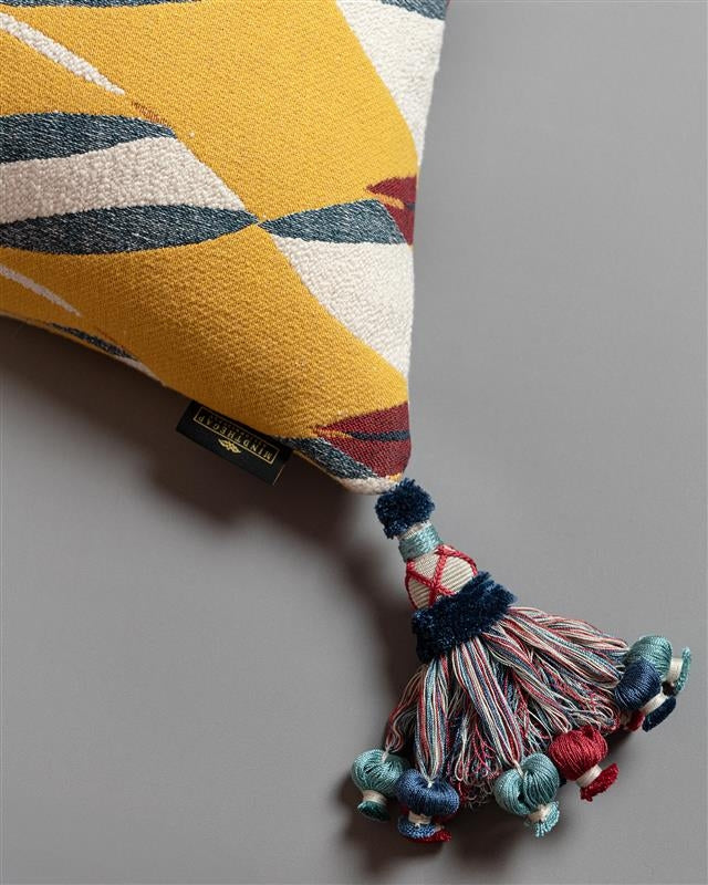 GLORIA cushion (LC40281) by Mind The Gap | LC40281 | TRANSYLVANIAN RHAPSODY | 50 x 50 cm / 20 x 20 in | Blue, White, Yellow, Red | Tasseled corners | Duck feather | 82% Cotton, 10% Polyamide, Other Fibers | Fabric Carolina | https://www.fabriccarolina.com/