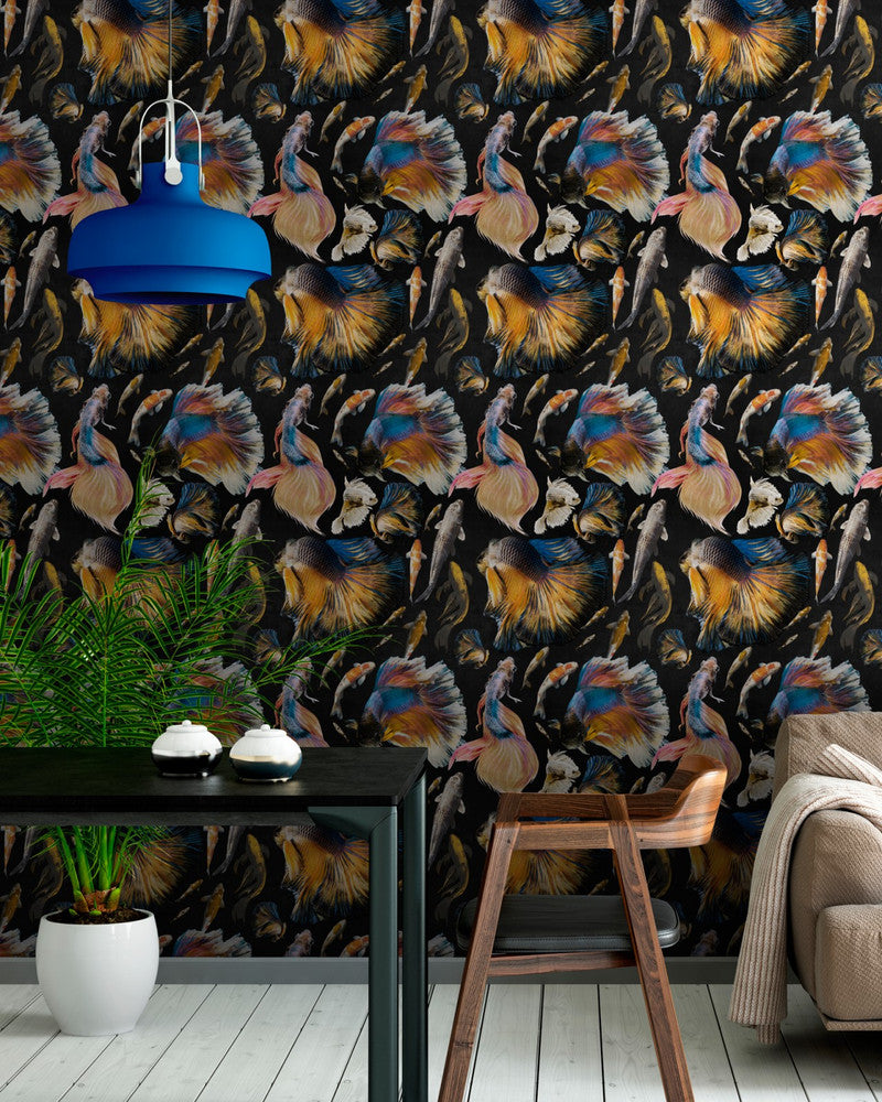 GOLDFISH Anthracite Wallpaper (WP20301) by Mind The Gap | WP20301 | THE WALLPAPER COLLECTABLES | 3 rolls x 20.5 x 118.1 in | 0.52m / 20.5in | 3m / 118in | 4.65mp | 70cm / 27.6in | Black, Blue, Orange | Textured Matte | Paste the wall | 3-rolls in a box | Fabric Carolina | https://www.fabriccarolina.com/