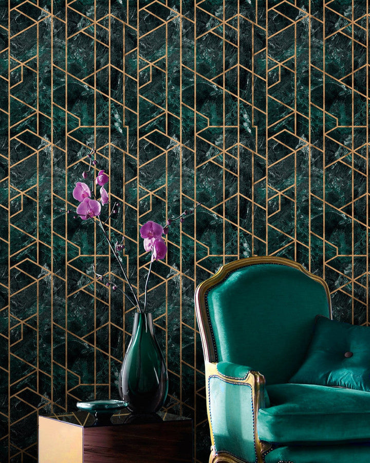 Gramercy Emerald Wallpaper by Mind the Gap Designer Wallpaper THE WALLPAPER COLLECTABLES Satin Matte Made in Europe Paste the wall 1 roll x 20.5x10.9 yards - Swanky Fabrics -