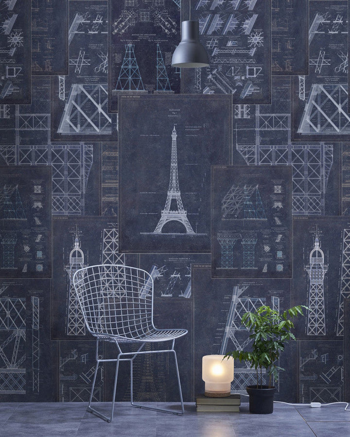 Grand Eiffel Blue Wallpaper by Mind the Gap Designer Wallpaper PREMIUM DESIGNER WALLPAPER COLLECTION Non-woven Made in Europe Paste the wall 3 rolls x 20.5 x 3.25 yards - Swanky Fabrics -