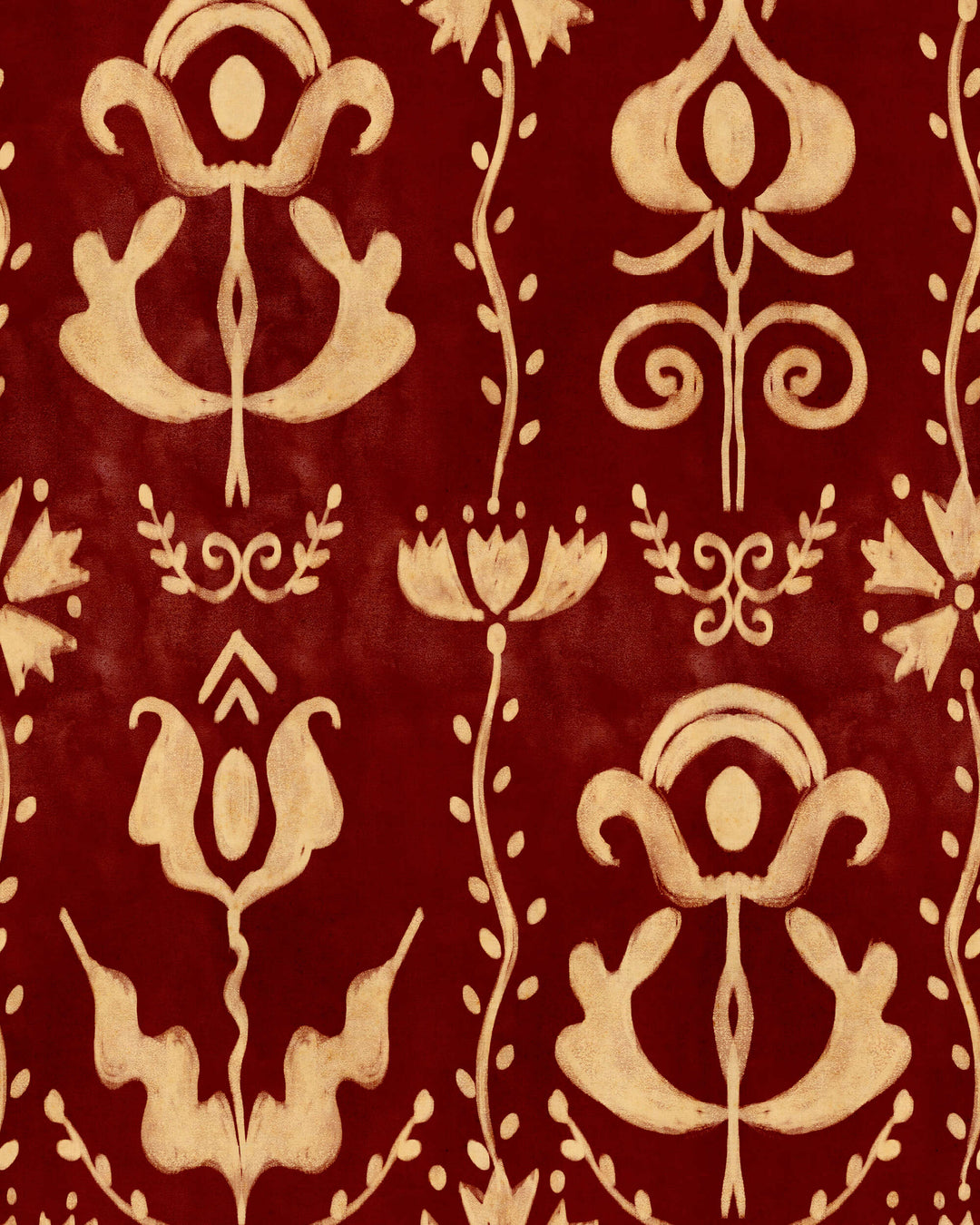 GRANDMA'S STENCIL Scarlet Wallpaper (WP30278) by Mind The Gap | WP30278 | TRANSYLVANIAN RHAPSODY | 1 roll x 52 x 1000 cm / 20.5 x 393.7in | 0.52m / 20.5in | 10m / 393.7in | 5.20sqm / 55.9sq ft | L70xm / L27.5in | Taupe, Red | Non-woven Satin | Paste the wall | 1 roll in a box | Fabric Carolina | https://www.fabriccarolina.com/