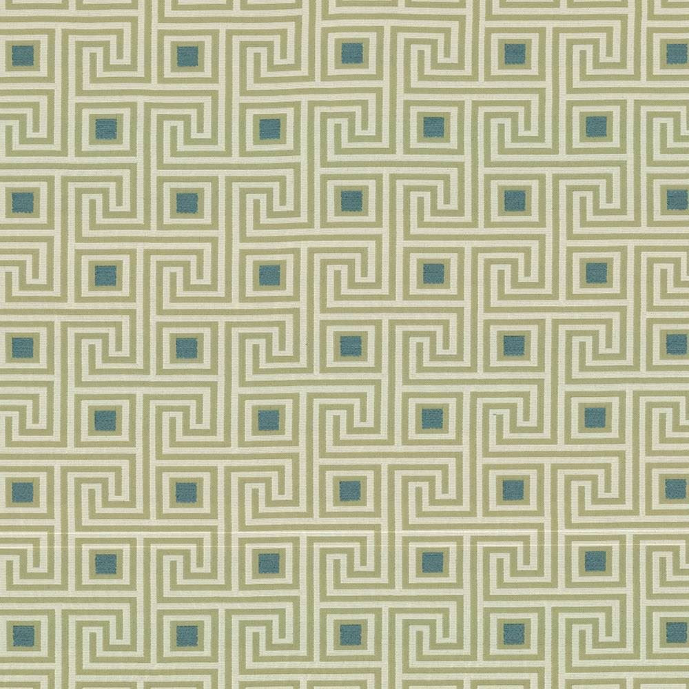 Greek Key Teal by Kasmir Fabric 1423 82% Polyester 18% Rayon USA 51,000 Wyzenbeek Double Rubs Horizontal: 4 4/8 inches and Vertical: 4 2/8 inches 56 - 57 - Fabric Carolina -