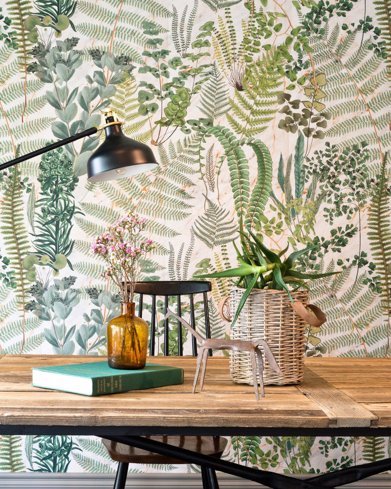 GREEN SANCTUARY Wallpaper (WP20319) by Mind The Gap | WP20319 | THE WALLPAPER COLLECTABLES | 3 rolls x 20.5 x 118.1 in | 0.52m / 20.5in | 3m / 118in | 4.65mp | 100cm / 39.3in | Green, Mint, Taupe | Textured Matte | Paste the wall | 3-rolls in a box | Fabric Carolina | https://www.fabriccarolina.com/