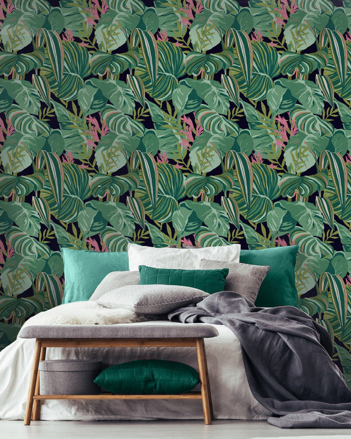 Tropical Foliage Anthracite Wallpaper by Mind the Gap Designer Wallpaper THE WALLPAPER COLLECTABLES Satin Matte Made in Europe Paste the wall 3 rolls x 20.5 x 3.25 yards - Swanky Fabrics -