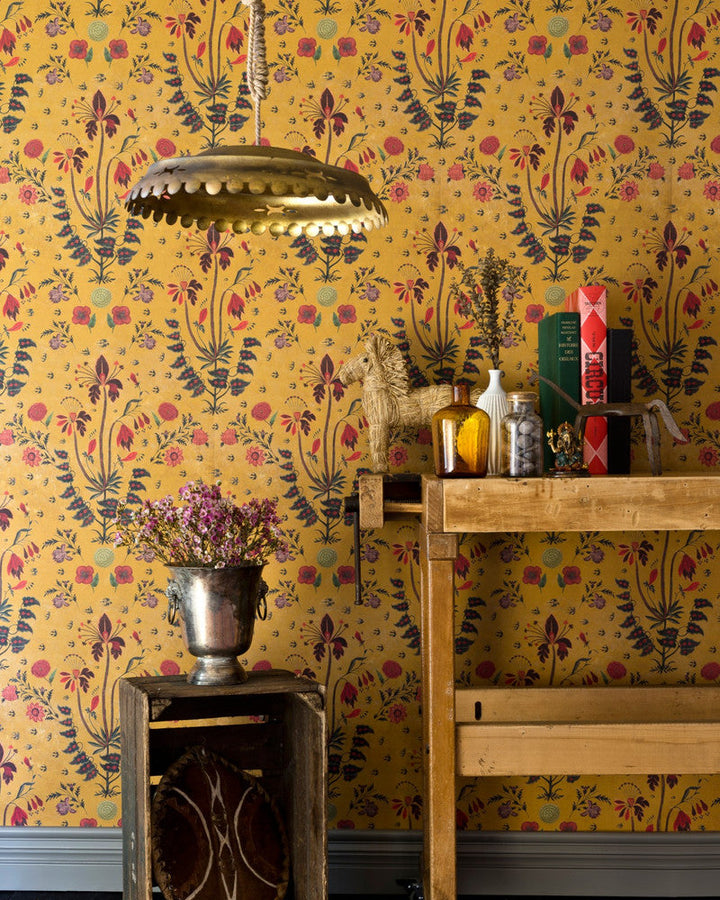 Gypsy Ochre Wallpaper by Mind the Gap Designer Wallpaper THE WALLPAPER COLLECTABLES Textured Matte Made in Europe Paste the wall 3 rolls x 20.5 x 3.25 yards - Swanky Fabrics -