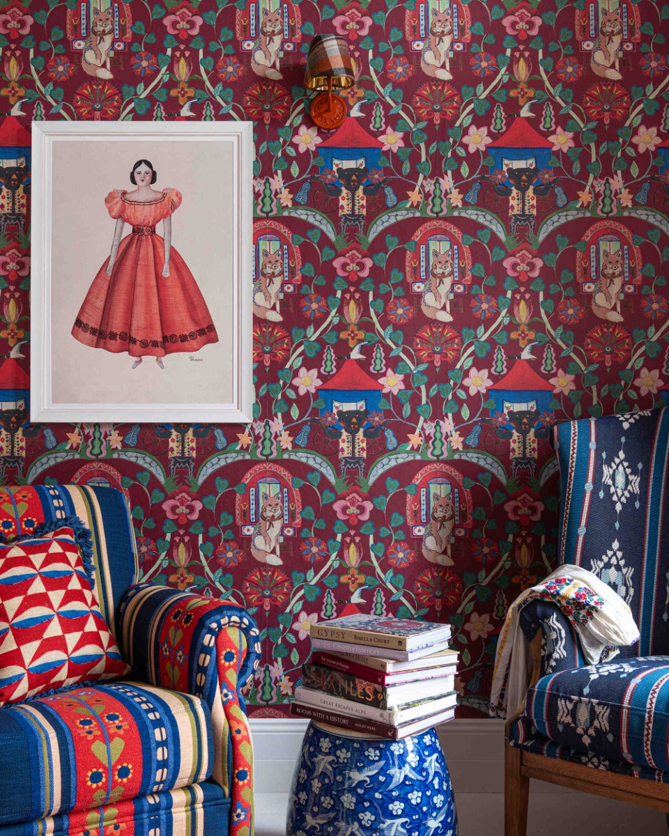 GYPSY FAIRYTALE Ruby Wallpaper (WP20918) by Mind The Gap | WP20918 | TRANSYLVANIAN RHAPSODY | 1 roll x 52 x 900 cm / 20.47 x 354.33 in | 0.52m / 20.5in | 9m / 354in | 4.68sqm / 50sq ft | L75cm / L29.5in | Blue, Green, Red, Soft Pink | Non-woven Textured | Paste the wall | 1 roll in a box | Fabric Carolina | https://www.fabriccarolina.com/