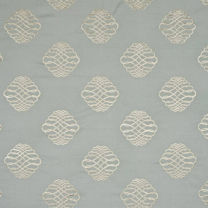 Hancock Flourish Robins Egg by Kasmir Fabric 1371 100% Cotton Embroidery Contents 100% Rayon CHINA 51,000 Wyzenbeek Double Rubs H: 13 4/8 inches, V:11 7/8 inches 54 - Fabric Carolina - Kasmir