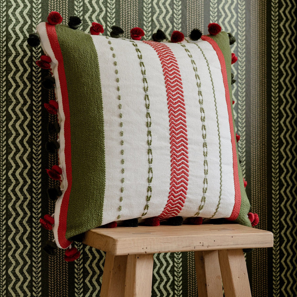Handwerklich Cushion by Mind the Gap Designer Pillow TYROL APRES-SKI HOME COLLECTION 73% Linen, 27% Cotton Made in Romania Fringes all around 20 x 20 in - Swanky Fabrics -