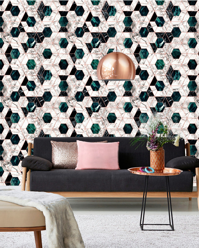 HEXA Jade Metallic edition Wallpaper (WP20293) by Mind The Gap | WP20293 | THE WALLPAPER COLLECTABLES | 1 roll x 20.5x393.7 in | 0.52m / 20.5in | 10m / 393.7in | 5.20mp | 52cm / 20.5in | Black, Copper, Green, White | Satin Matte | Paste the wall | 1-roll in a box | Fabric Carolina | https://www.fabriccarolina.com/