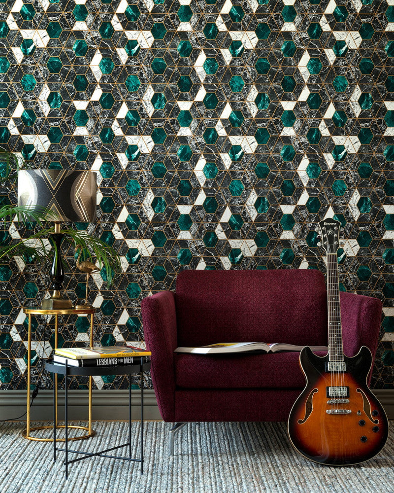 HEXA Onyx Metallic edition Wallpaper (WP20294) by Mind The Gap | WP20294 | THE WALLPAPER COLLECTABLES | 1 roll x 20.5x393.7 in | 0.52m / 20.5in | 10m / 393.7in | 5.20mp | 52cm / 20.5in | Black, Green, White, Gold | Satin Matte | Paste the wall | 1-roll in a box | Fabric Carolina | https://www.fabriccarolina.com/