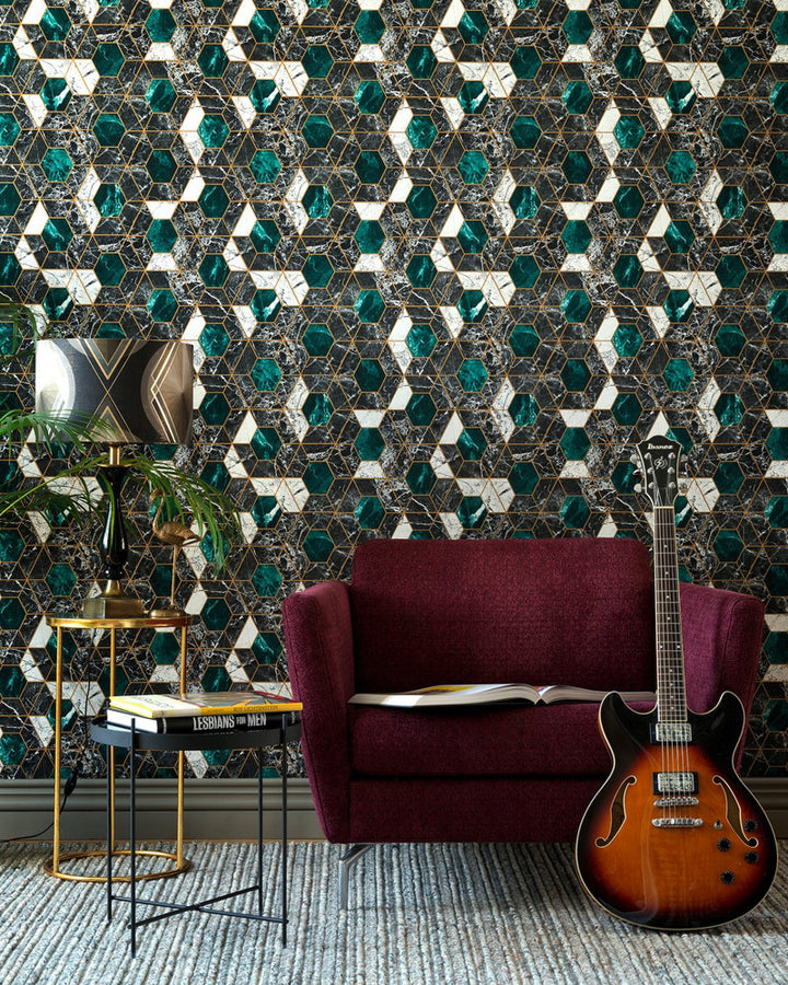 HEXA Onyx Metallic edition Wallpaper (WP20294) by Mind The Gap | WP20294 | THE WALLPAPER COLLECTABLES | 1 roll x 20.5x393.7 in | 0.52m / 20.5in | 10m / 393.7in | 5.20mp | 52cm / 20.5in | Black, Green, White, Gold | Satin Matte | Paste the wall | 1-roll in a box | Fabric Carolina | https://www.fabriccarolina.com/