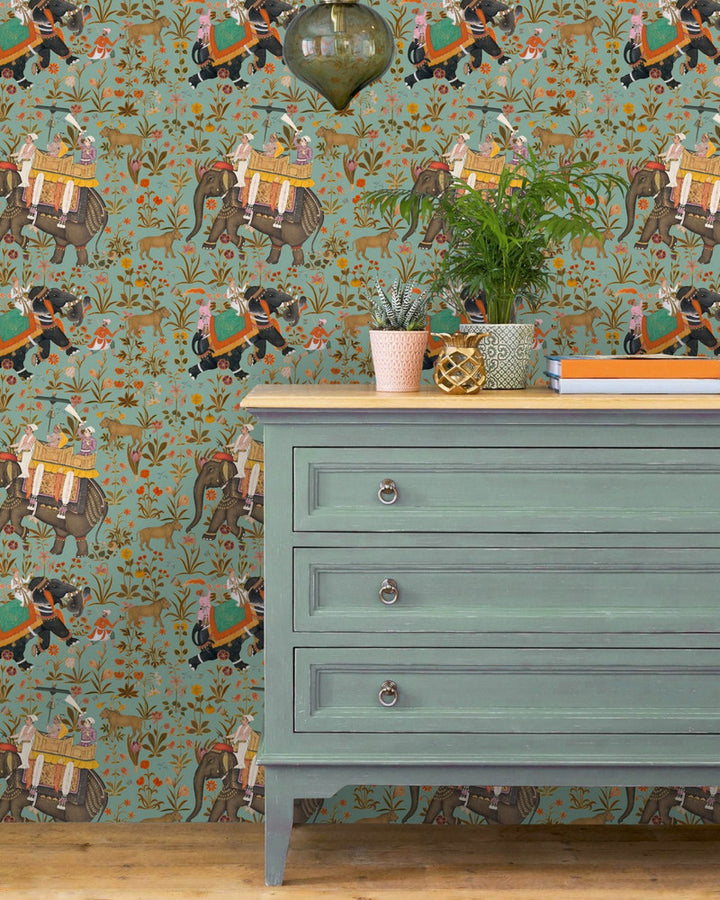 HINDUSTAN Aquamarine Wallpaper (WP20257) by Mind The Gap | WP20257 | PREMIUM DESIGNER WALLPAPER COLLECTION | 3 rolls x 20.5 x 118.1 in | 0.52m / 20.5in | 3m / 118in | 4.65mp | 70cm / 27.6in | Blue, Brown, Green, Red | Non-woven | Paste the wall | 3-rolls in a box | Fabric Carolina | https://www.fabriccarolina.com/