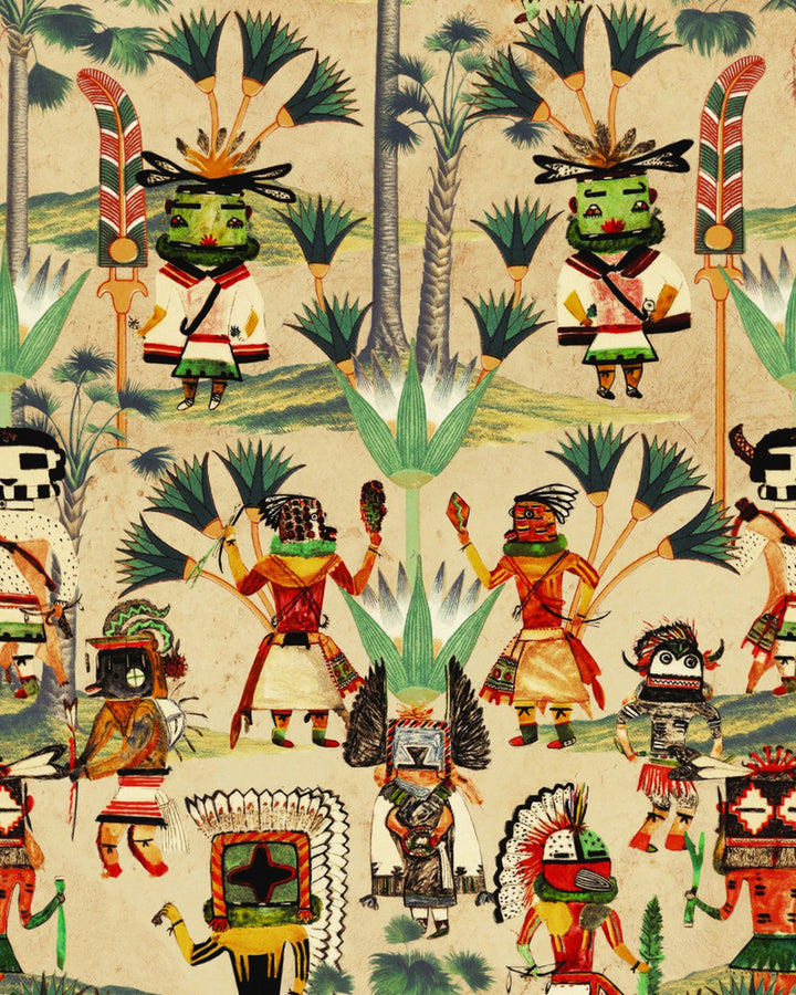 HOPI SPIRIT Taupe Wallpaper (WP20648) by Mind The Gap | WP20648 | THE WALLPAPER COMPENDIUM 2 | 3 rolls x 20.5 x 118.1 in | 0.52m / 20.5in | 3m / 118in | 4.65mp | 90cm / 35.4in | Green, Red, Taupe, Yellow | Satin Matte | Paste the wall | 3-rolls in a box | Fabric Carolina | https://www.fabriccarolina.com/
