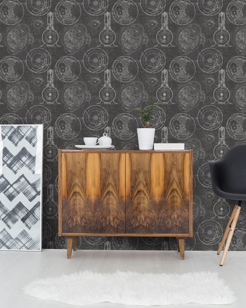 HORLOGERIE Anthracite Premium Wallpaper (WP20043) by Mind The Gap | WP20043 | WALLPAPER DESIGNER COLLECTION | 3 rolls x 20.5 x 118.1 in | 0.52m / 20.5in | 3m / 118in | 4.65mp | 52cm / 20.5in | Anthracite, Black, White | Non-woven | Paste the wall | 3-rolls in a box | Fabric Carolina | https://www.fabriccarolina.com/