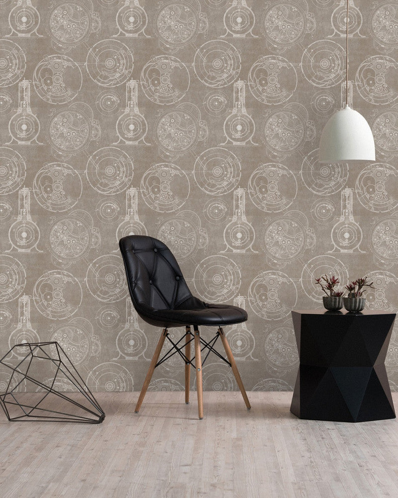 HORLOGERIE Taupe Premium Wallpaper (WP20042) by Mind The Gap | WP20042 | WALLPAPER DESIGNER COLLECTION | 3 rolls x 20.5 x 118.1 in | 0.52m / 20.5in | 3m / 118in | 4.65mp | 52cm / 20.5in | Taupe, White | Non-woven | Paste the wall | 3-rolls in a box | Fabric Carolina | https://www.fabriccarolina.com/