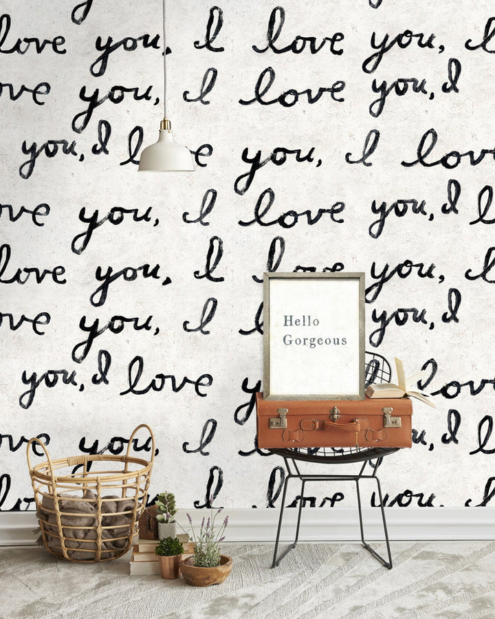 I LOVE YOU, I LOVE YOU Wallpaper (WP20272) by Mind The Gap | WP20272 | THE SUGARBOO COLLECTION | 3 rolls x 20.5 x 118.1 in | 0.52m / 20.5in | 3m / 118in | 4.65mp | 70cm / 27.6in | Black, White | Non-woven | Paste the wall | 3-rolls in a box | Fabric Carolina | https://www.fabriccarolina.com/